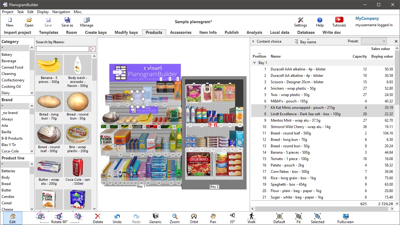 PlanogramBuilder screenshot: PlanogramBuilder products list
