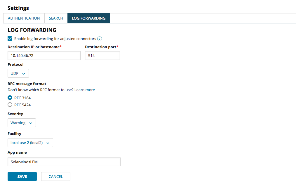Security Event Manager log forwarding screenshot