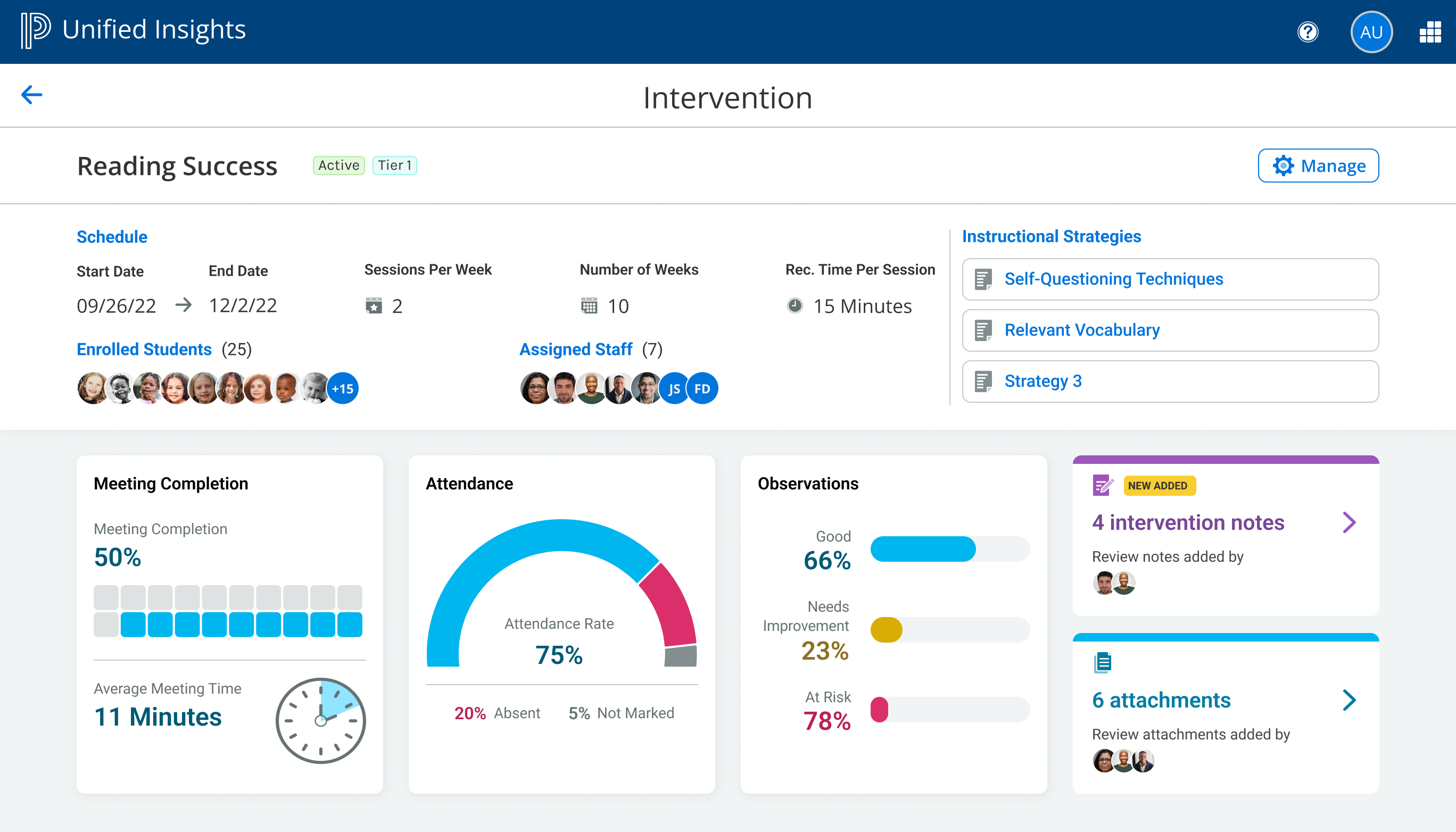 Unified Insights MTSS provides educators and intervention teams with one, secure platform to establish personalized student plans, identify at-risk students, assign and monitor interventions, and track progress toward goals.