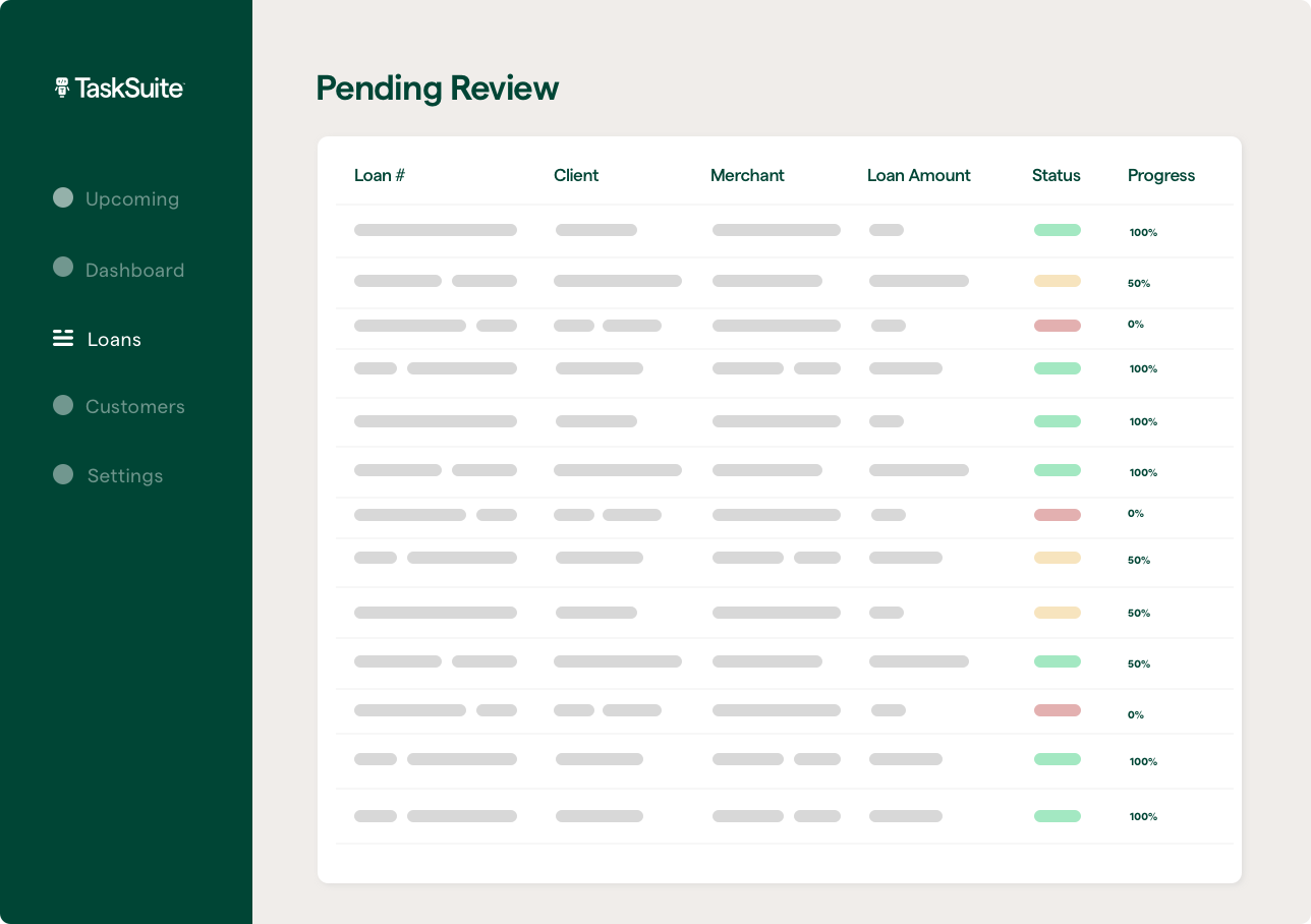 TaskSuite screenshot: A unified borrower and loan workspace that brings key details—loan status, balances, payment history, documents, notes, and tasks—into one searchable view.