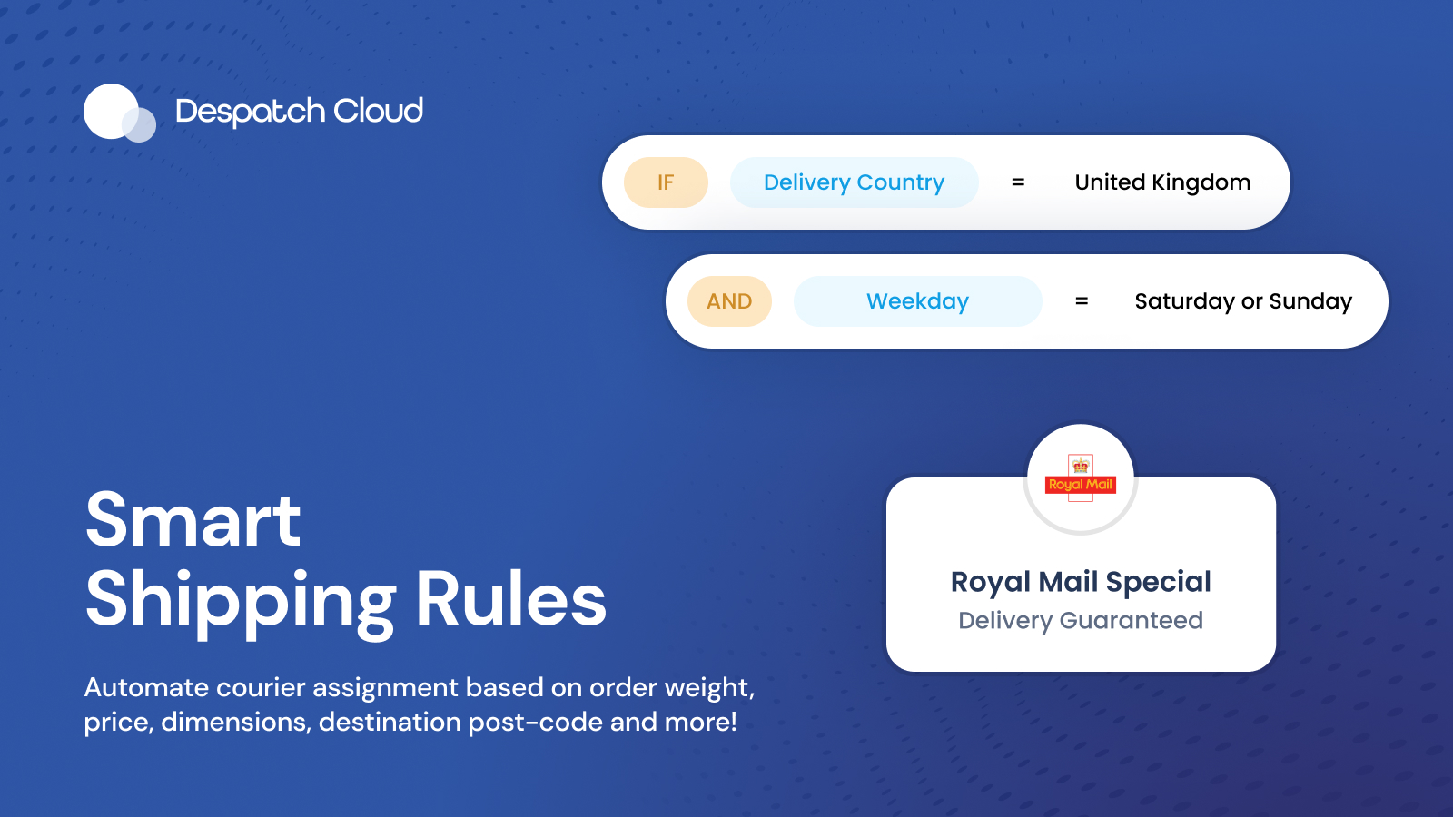 Automate courier assignment based on order weight, price, dimensions, destination post-code and more!