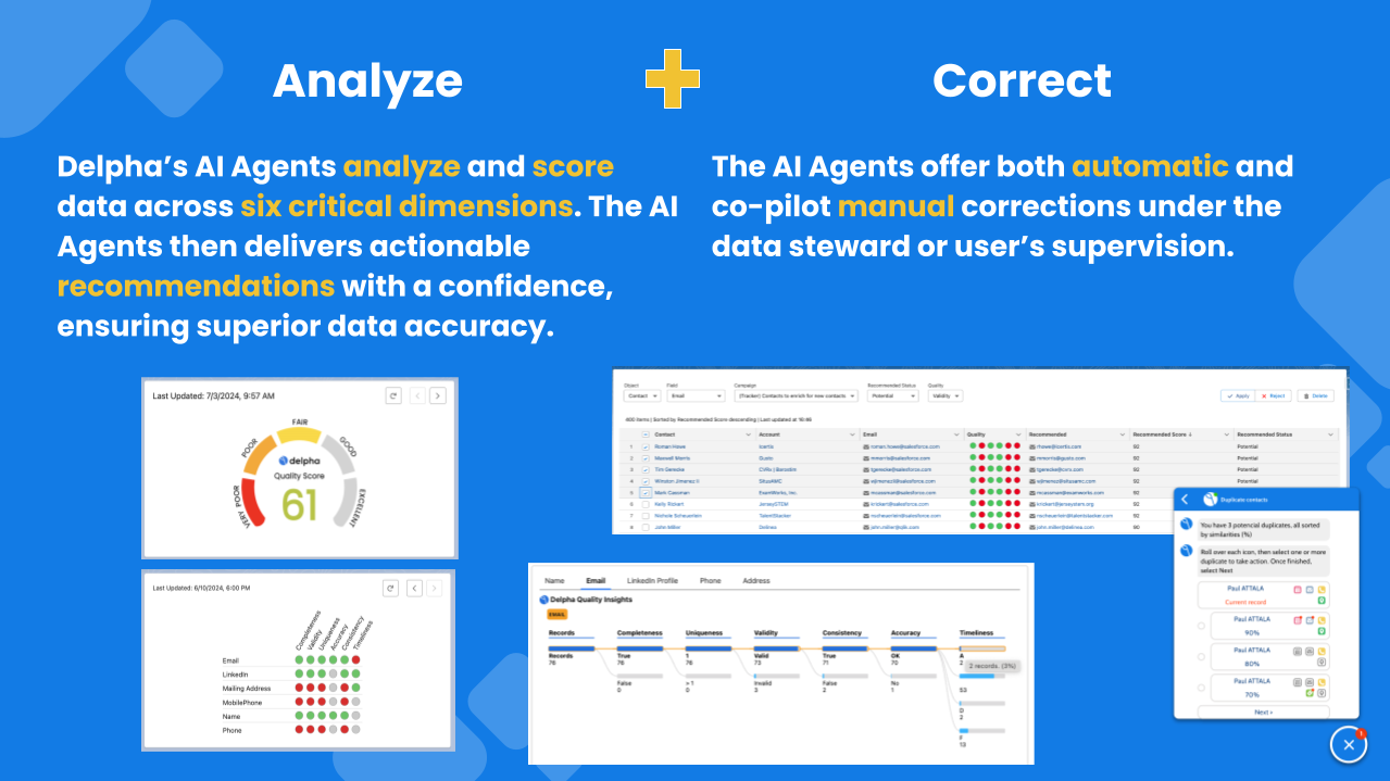 Delpha screenshot: Delpha’s AI Agents analyze and score data across six critical dimensions. The AI Agents then delivers actionable recommendations with a confidence, ensuring superior data accuracy.
