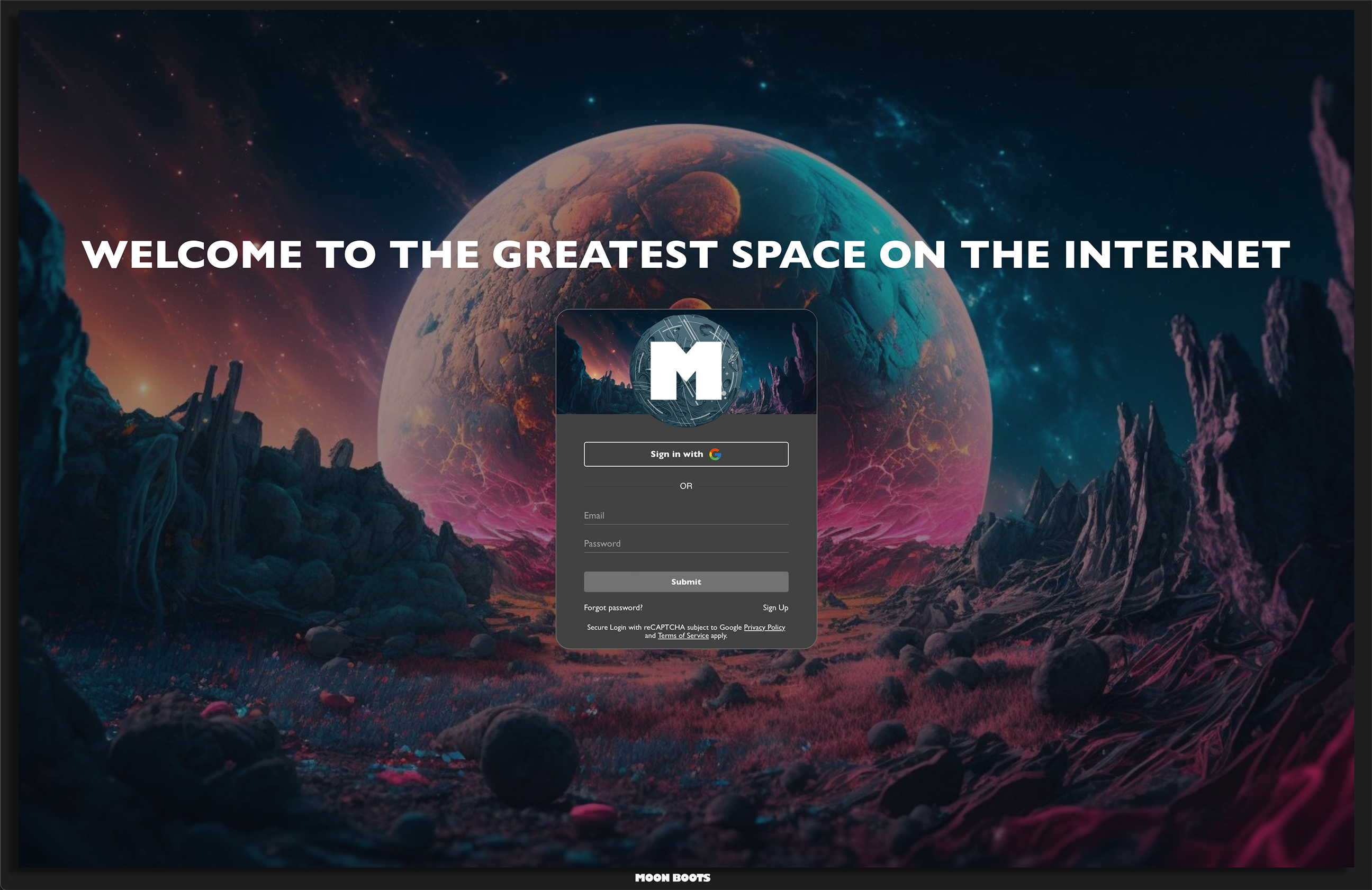 This is a creative log in screen of a platform showing off the customization options. With the theme you can add custom fonts, branding, colors, and imagery to create a one-of-a-kind space. Not the creative type? Choose from 18 existing themes.