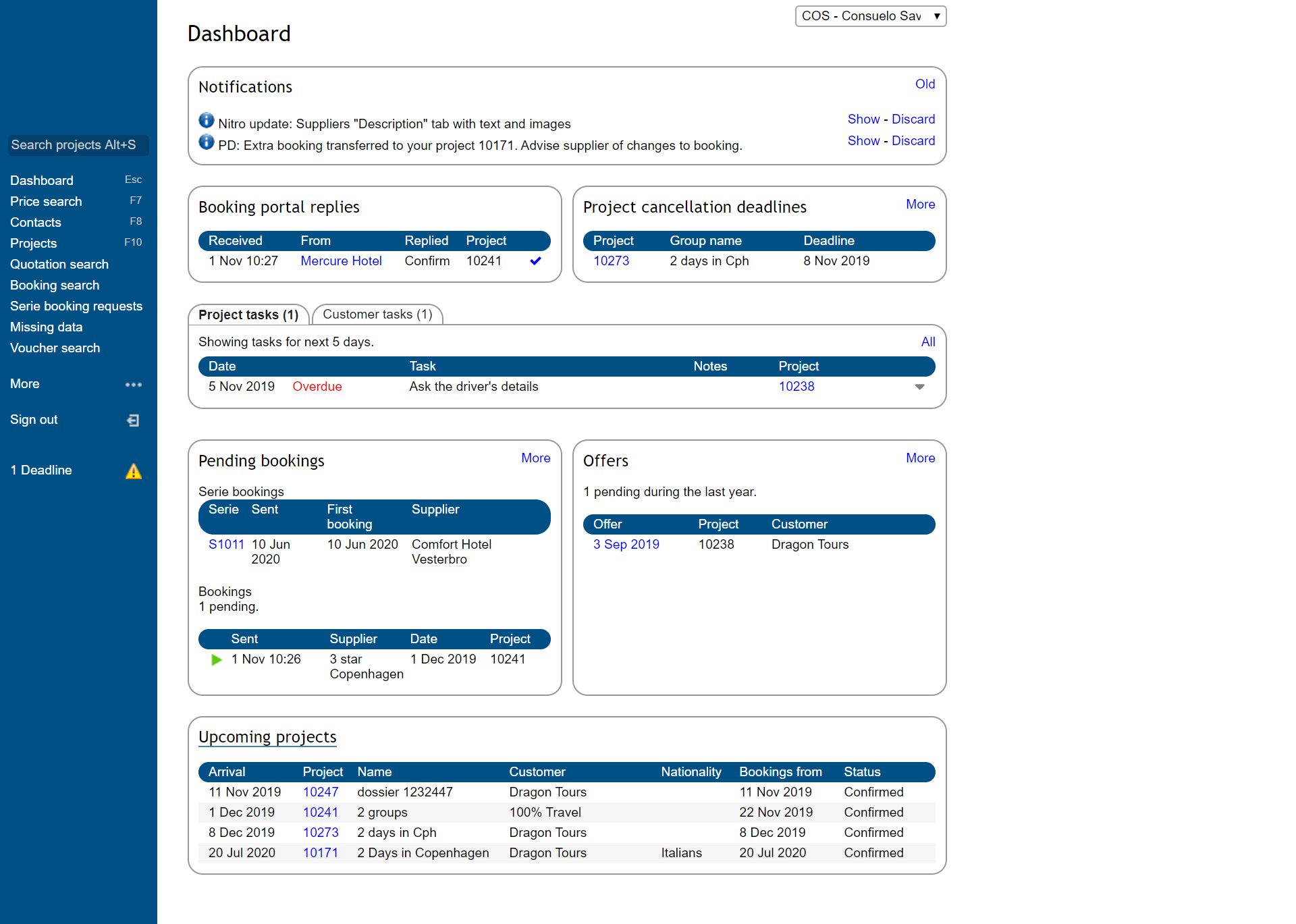 Nitro for Incoming Tour Operators screenshot: User dashboard