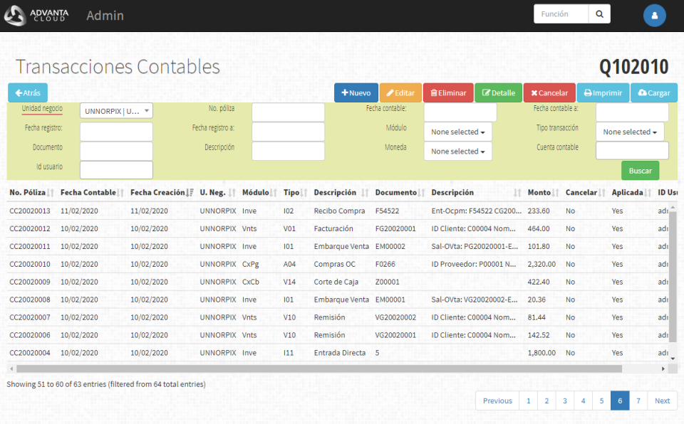 Advanta Cloud accounting transactions