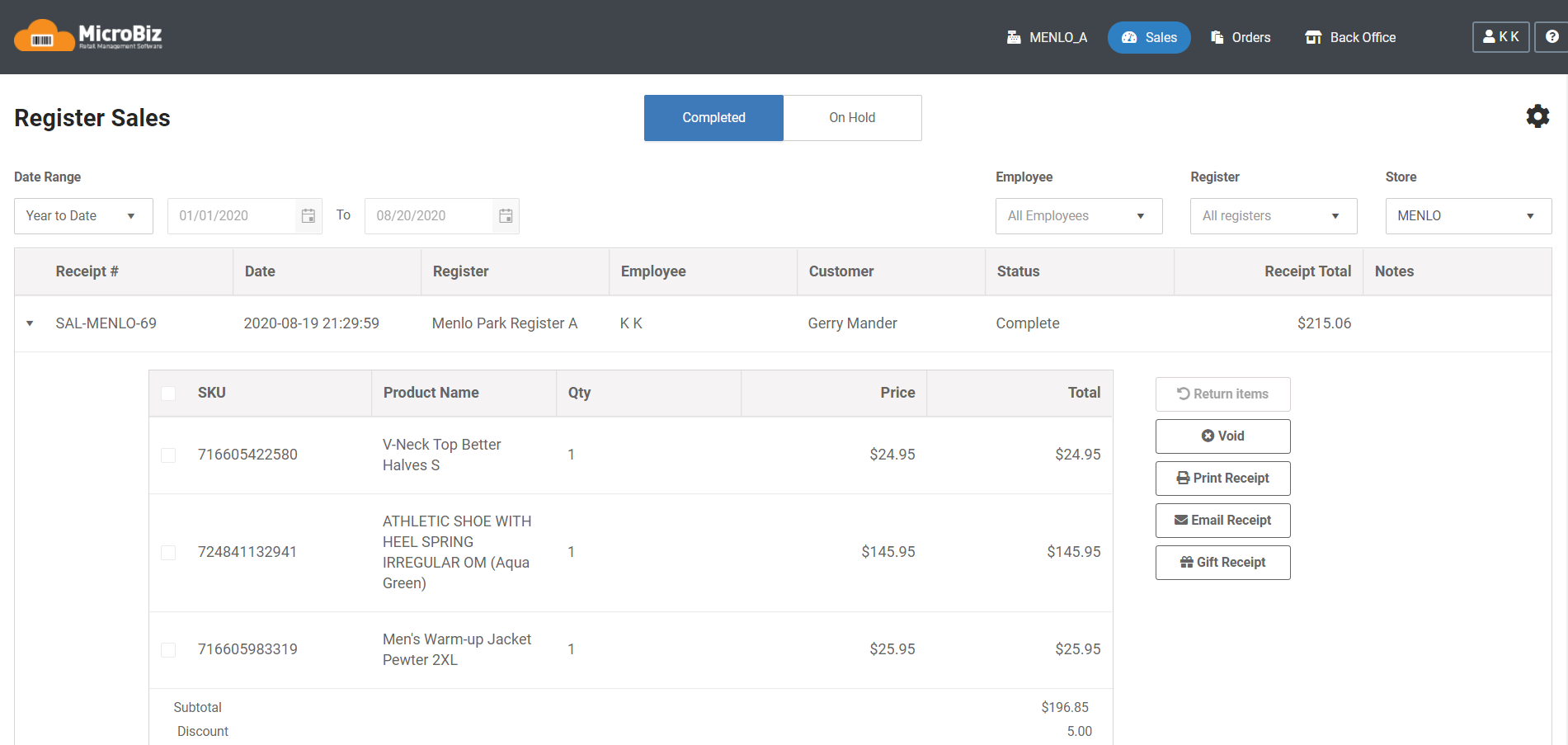 MicroBiz Cloud POS Software - MicroBiz Cloud includes a register sale dashboard which displays transactions on hold and closed register transactions. This is useful to look-up transactions by date range, store, register or employee.