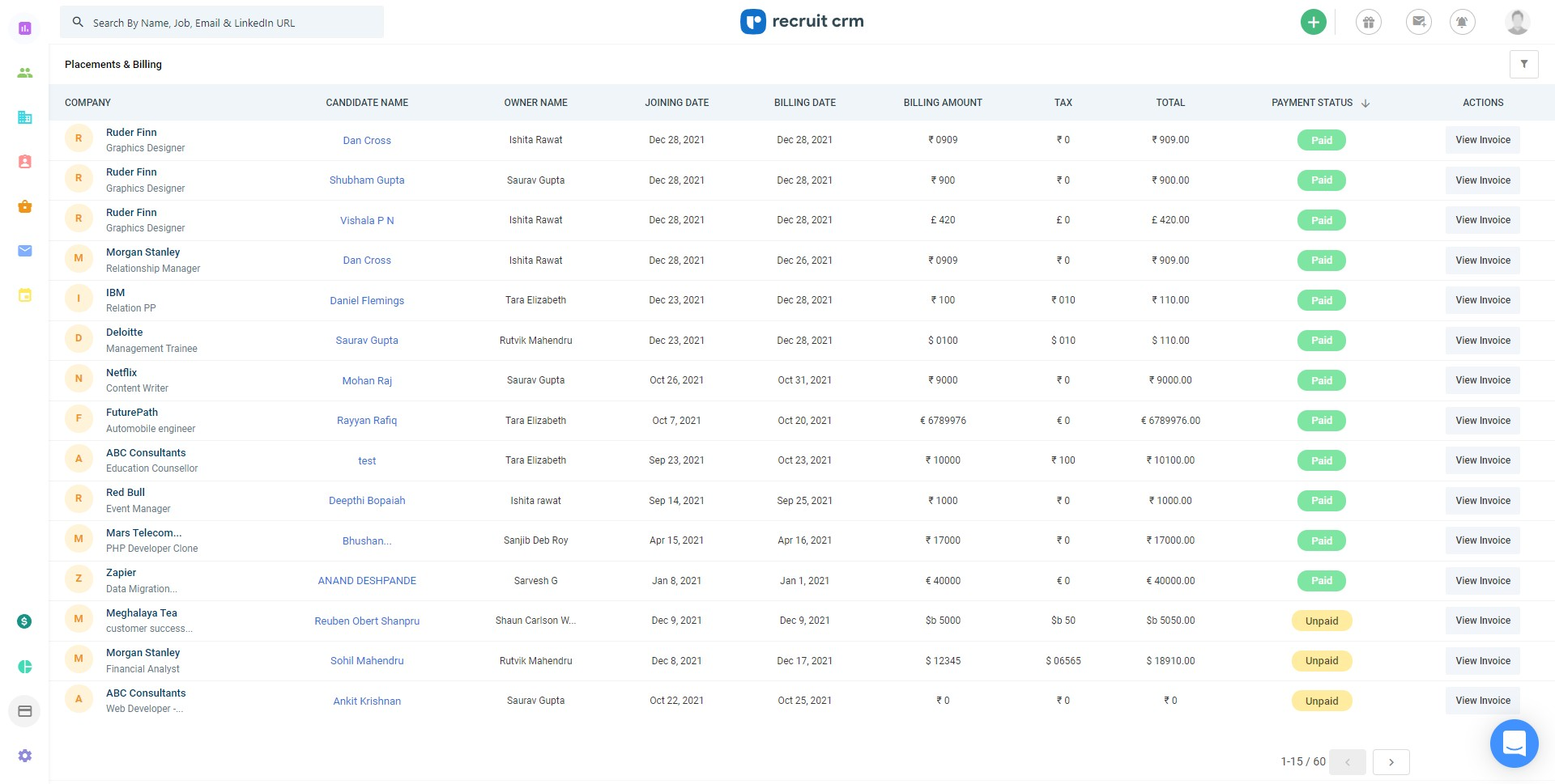 Recruit CRM Software - Check out your placement billing using Recruit CRM