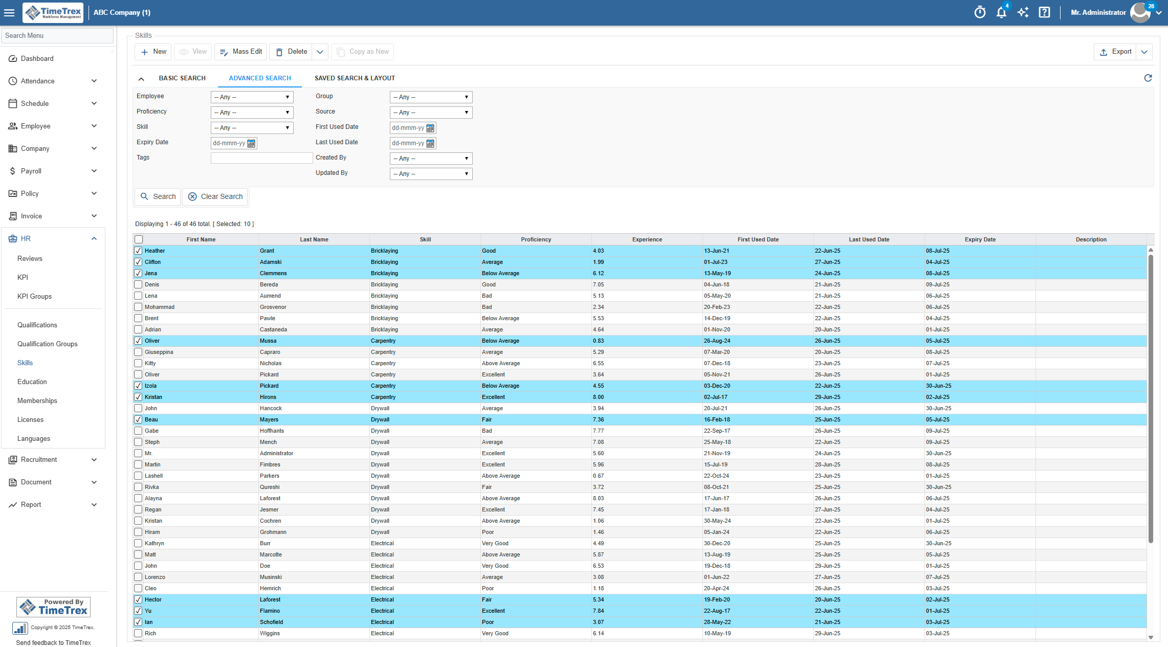 TimeTrex Software - Desktop HR Skill Advanced Search