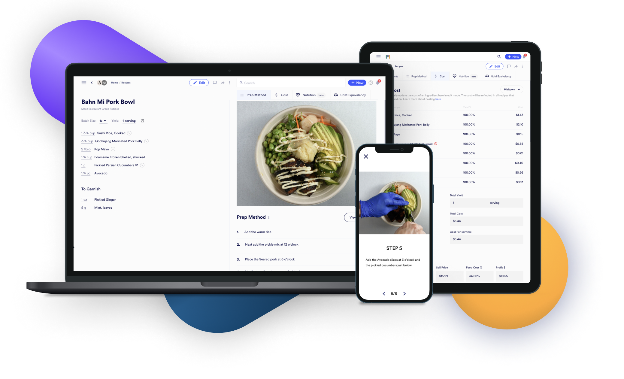 Chefs can use meez on desktop, tablet or mobile devices. Import recipes easily from any file type, drag and drop photos, map ingredients for food costing.