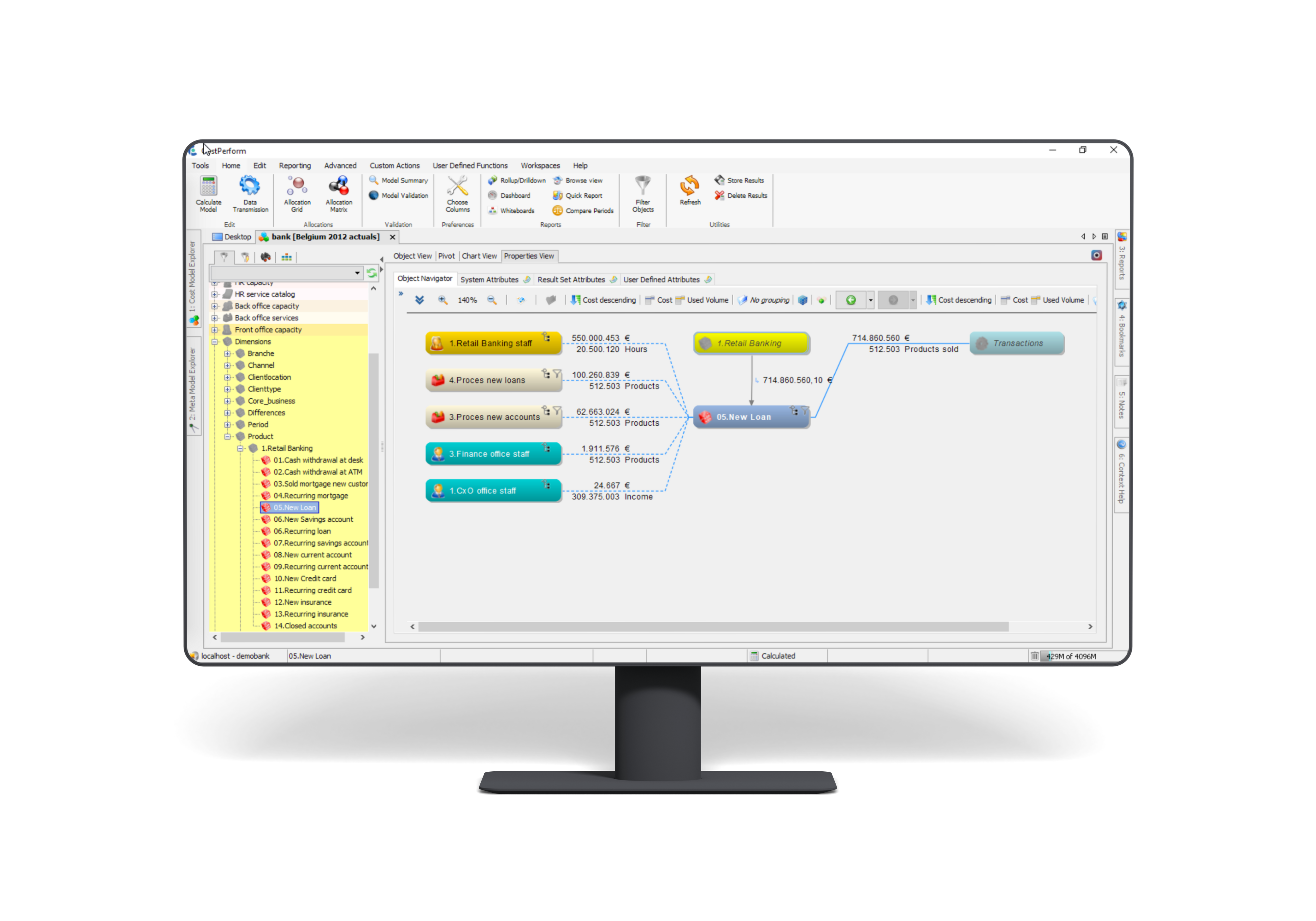 CostPerform screenshot: Navigator and Object tree, everything is clickable and you can zoom in on every cost object or allocation