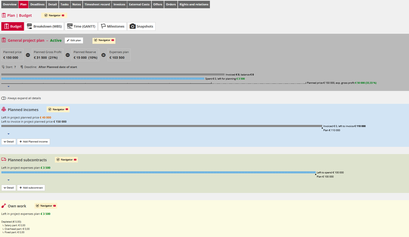 Navigo3 screenshot: Navigo3 project budget