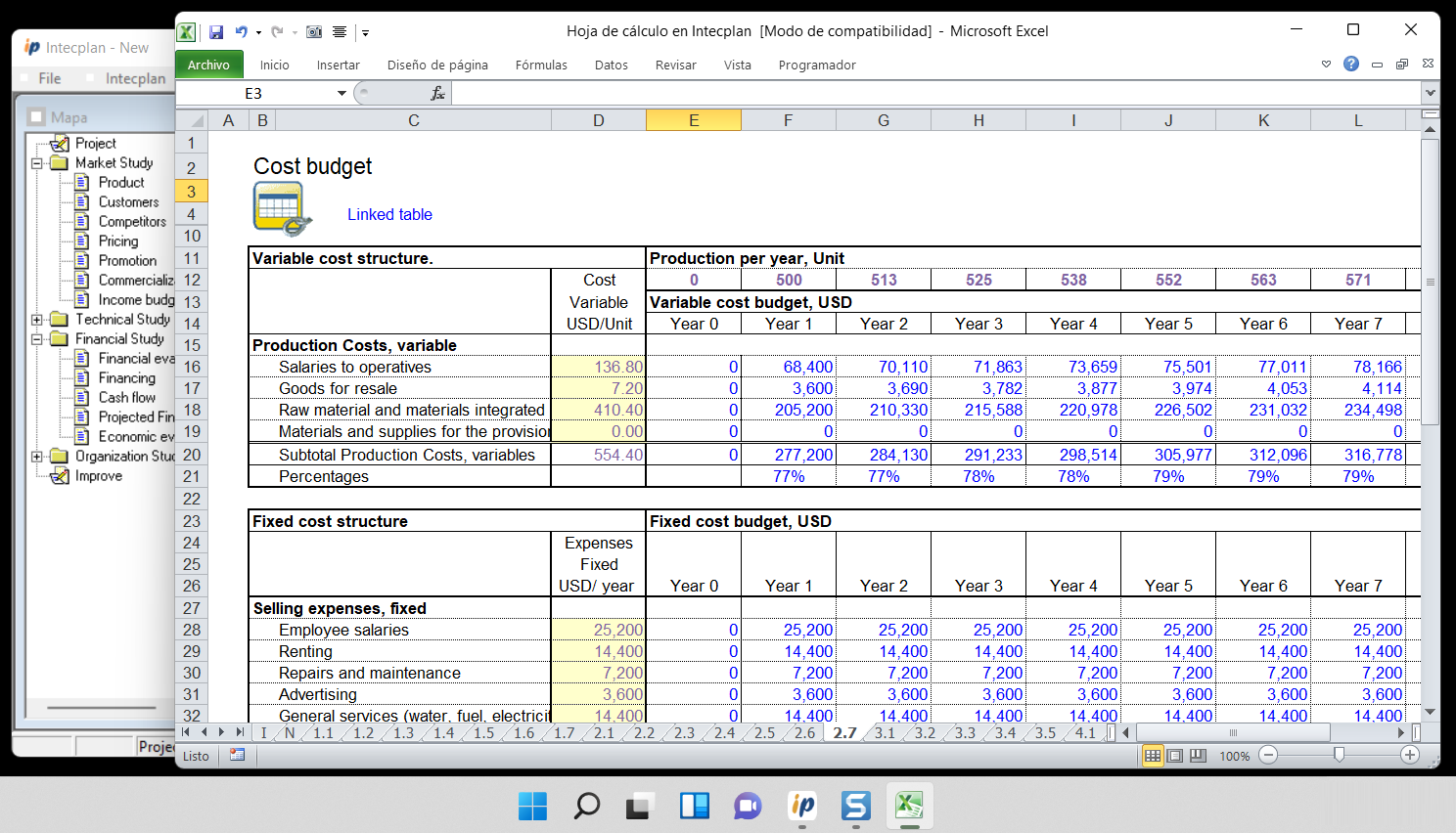 Intecplan Software - Excel Sheet. The sheet is already designed for the type of project you indicated, and you have the complete initial projections for the budgets and the financial study. Just review, adapt, and if you think necessary, edit the values.