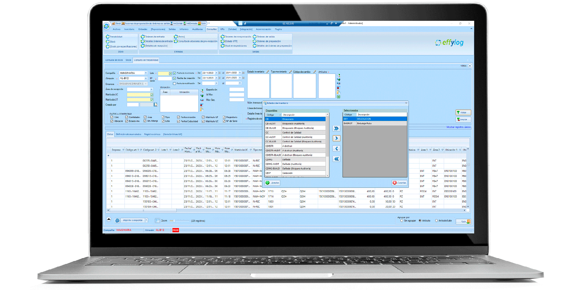 Effylog screenshot: Consultas de stock en Effylog-WMS.