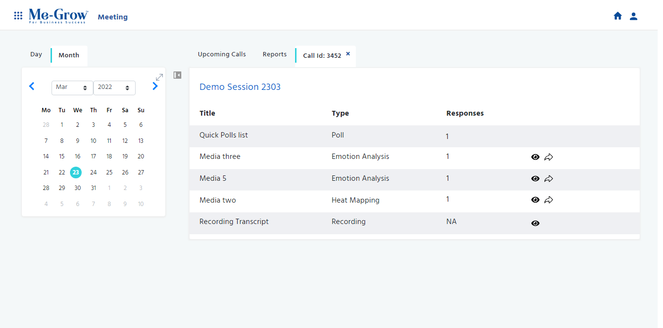Me-Grow Enterprise screenshot: Meeting Call Report: Access detailed meeting call report details, including poll results, emotion analysis results, and recordings, for comprehensive analysis and evaluation. 