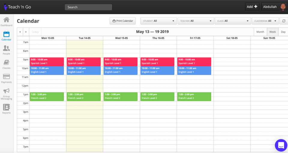View classes and events in your calendar. Every user has a calendar where they can see their relevant lessons and events. Multiple views and filters are available to help you see just what you need.