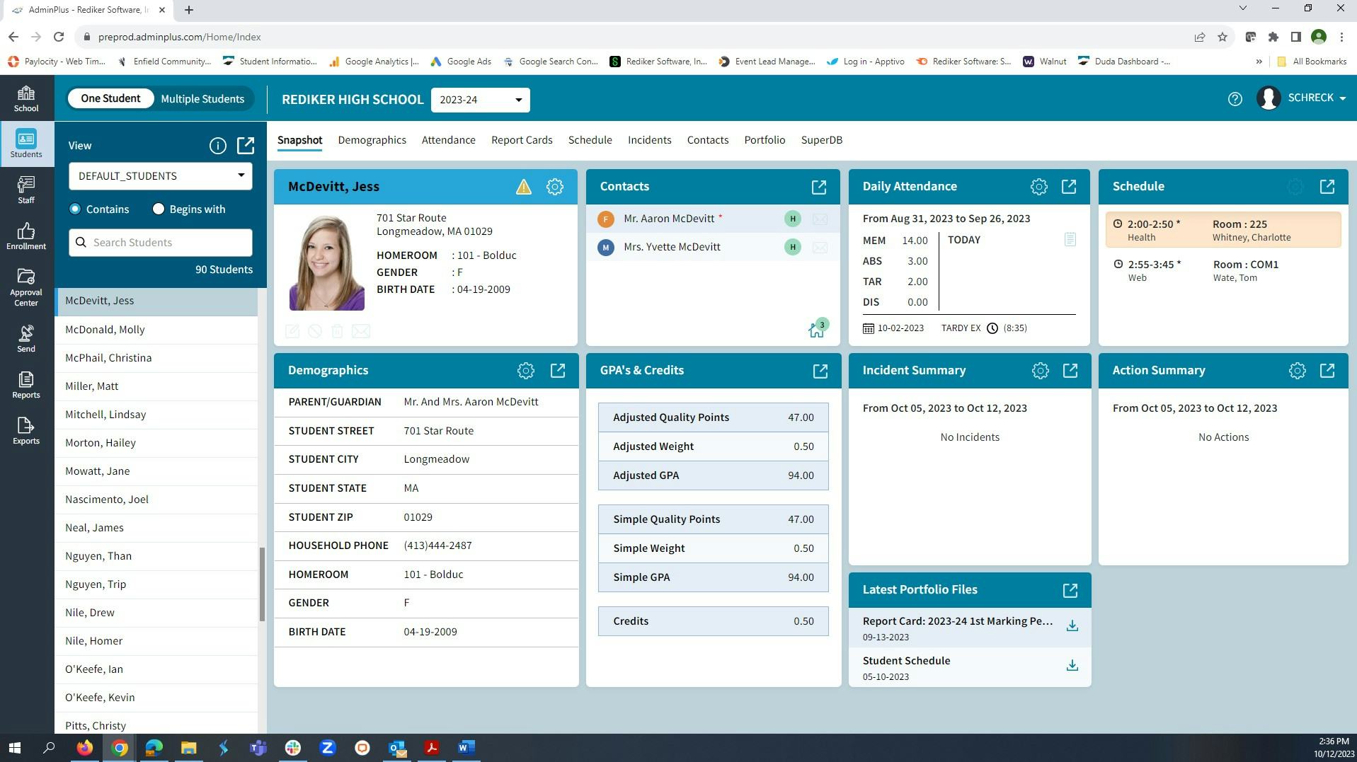 Administrator's Plus Software - AdminPlus Student Snapshot