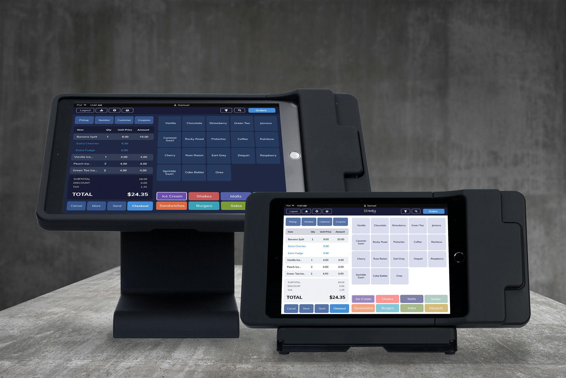 Rezku POS Software - Terminal (dark mode) Handheld Tableside (light mode)