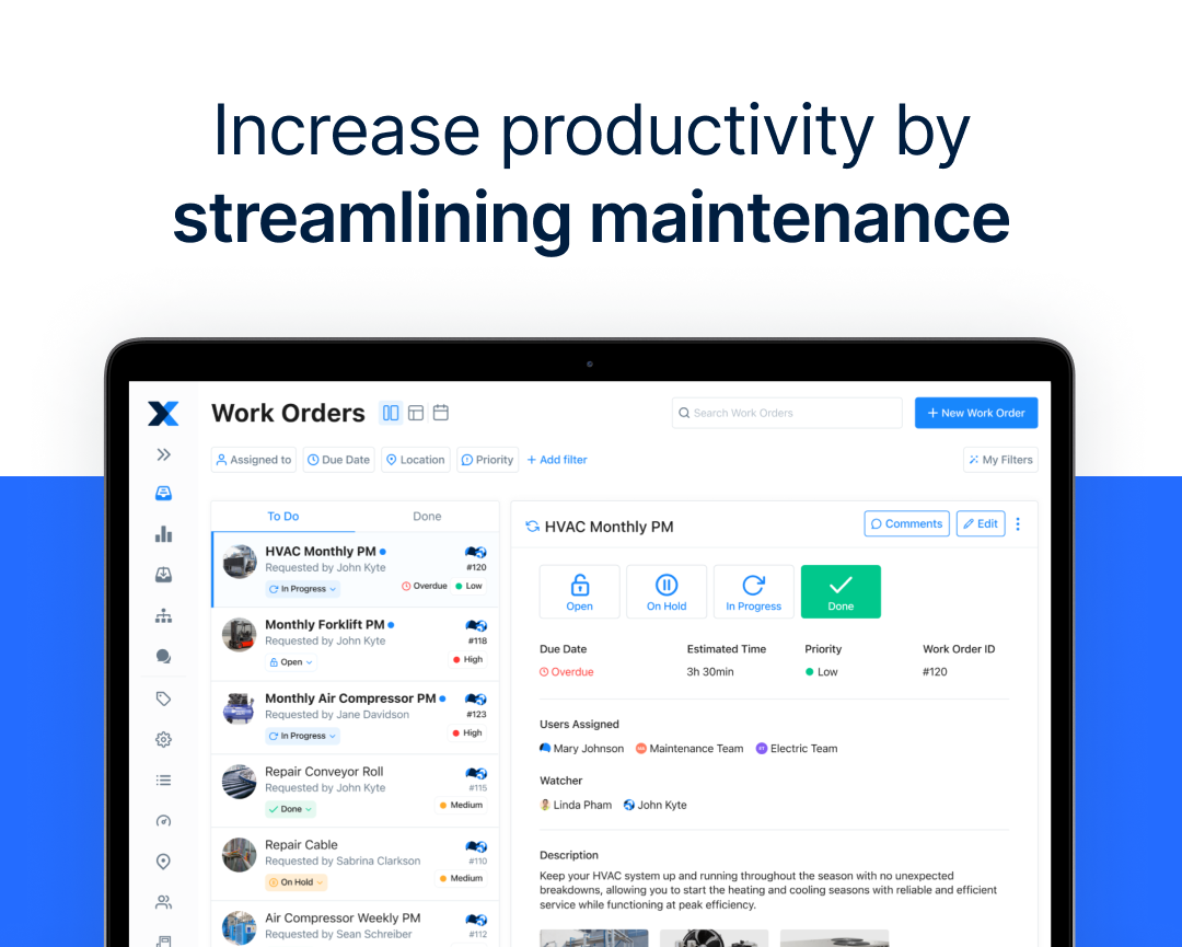 Make it easier than ever for technicians to perform and record maintenance work. Trigger work orders automatically based on meter readings, IoT integrations and more.