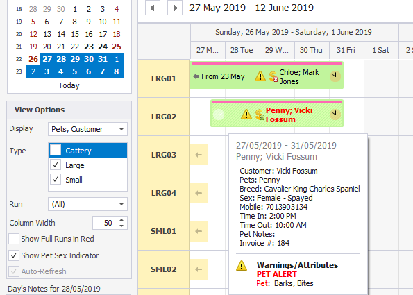 PetLinx Software - View boarding bookings quickly for any date. Color-coded bookings easily identify check ins, check outs, occupied and full runs.  Drag and drop to change booking dates or runs.