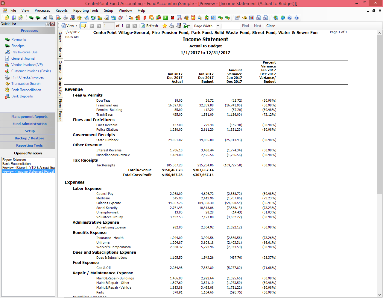 Actual to Budget Income Statement