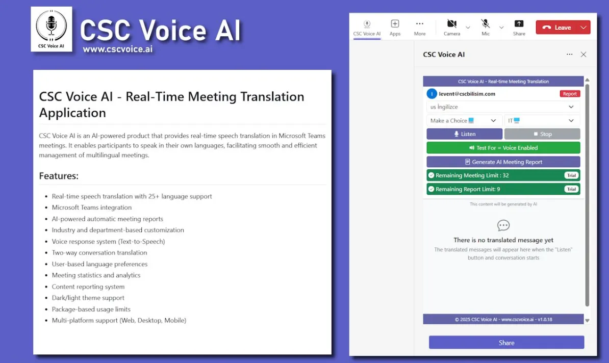 CSC Voice AI screenshot: Translate online meeting