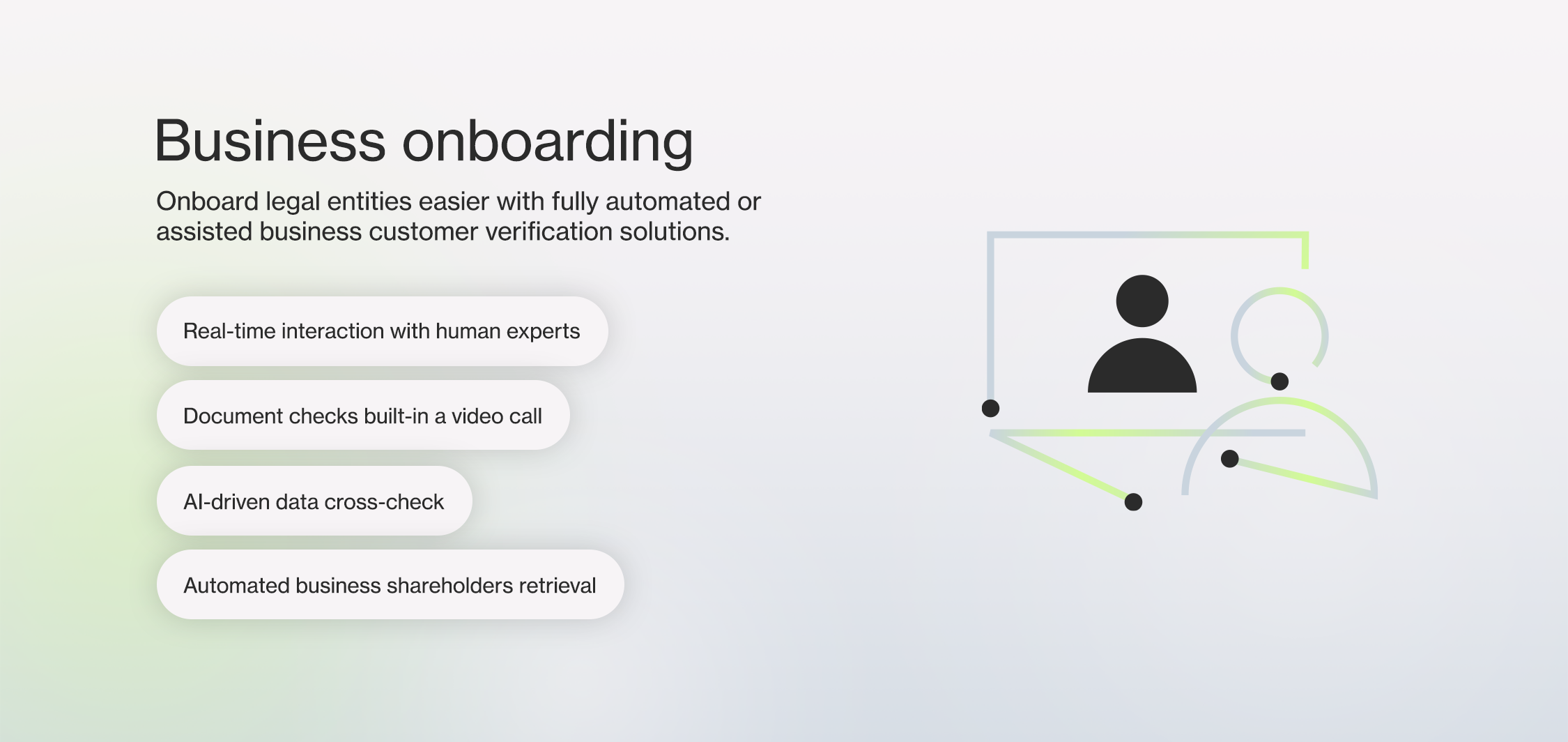 Onboard legal entities easier with fully automated or assisted business customer verification solutions.