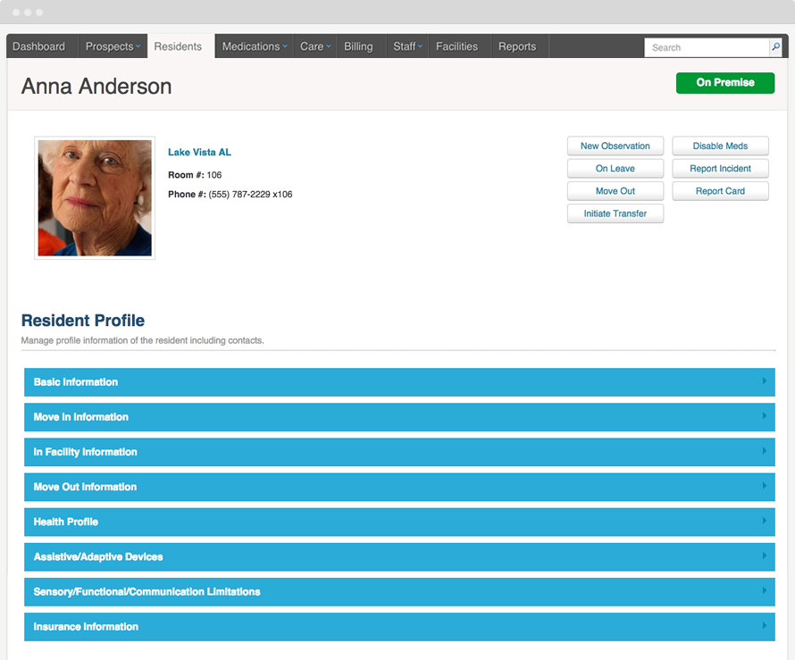 ALIS Software - The resident profile displays information about each resident in the facility