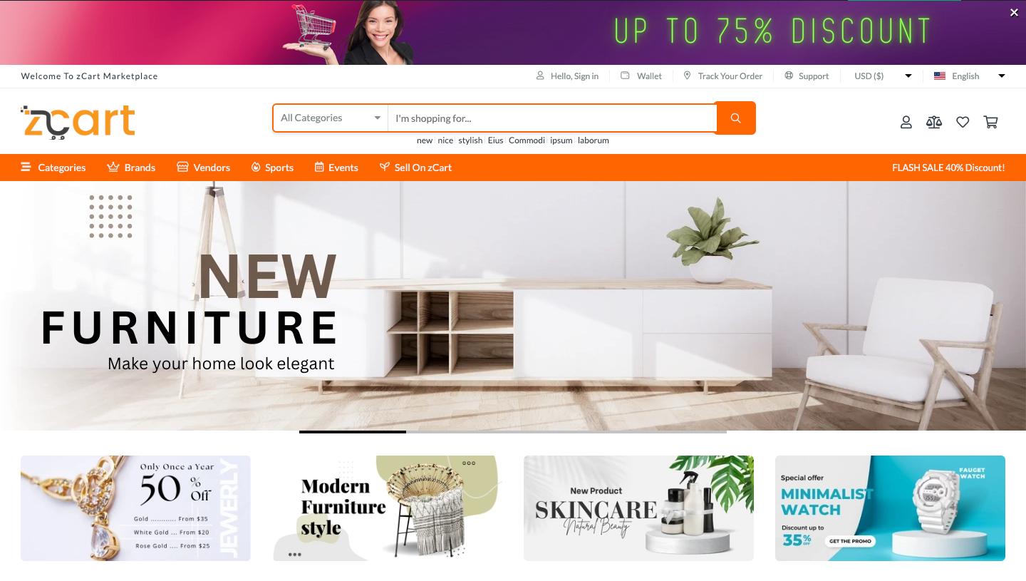 zCart screenshot: This is a home page and you can change it's style what's you like.