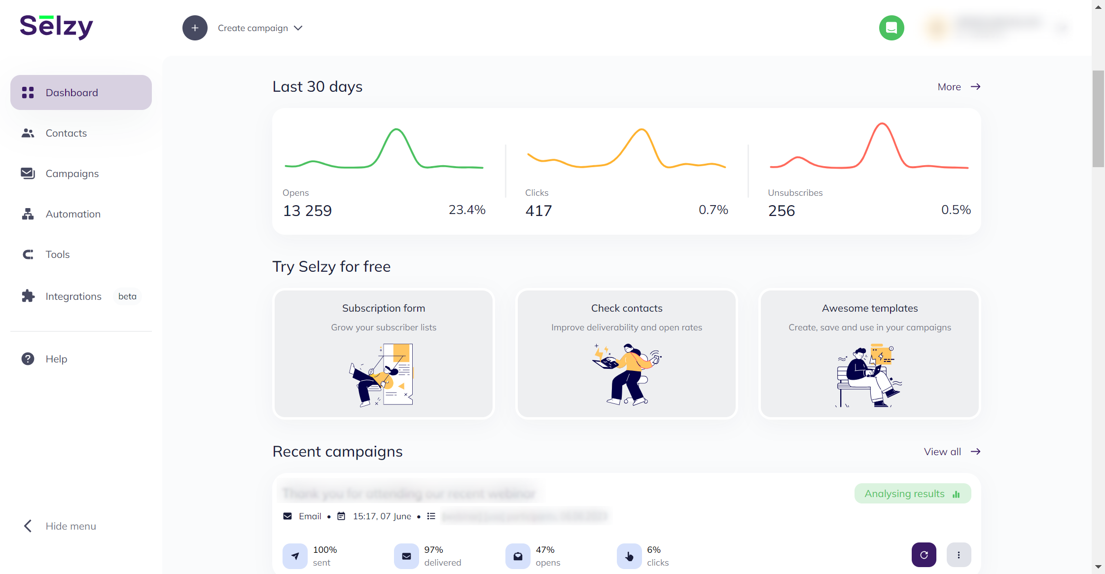 Selzy Software - Last 30-day stats and recent campaigns on the main dashboard.