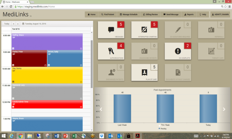 WellSky Rehabilitation screenshot: The WellSky Rehabilitation home page displays schedules, as well as pending messages, authorizations, conflicts, charts, and more