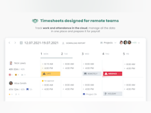 Calamari Software - Online Timesheets with all the details about employees working time. You have a possibility to clock in/out, call a break, add project, and notes