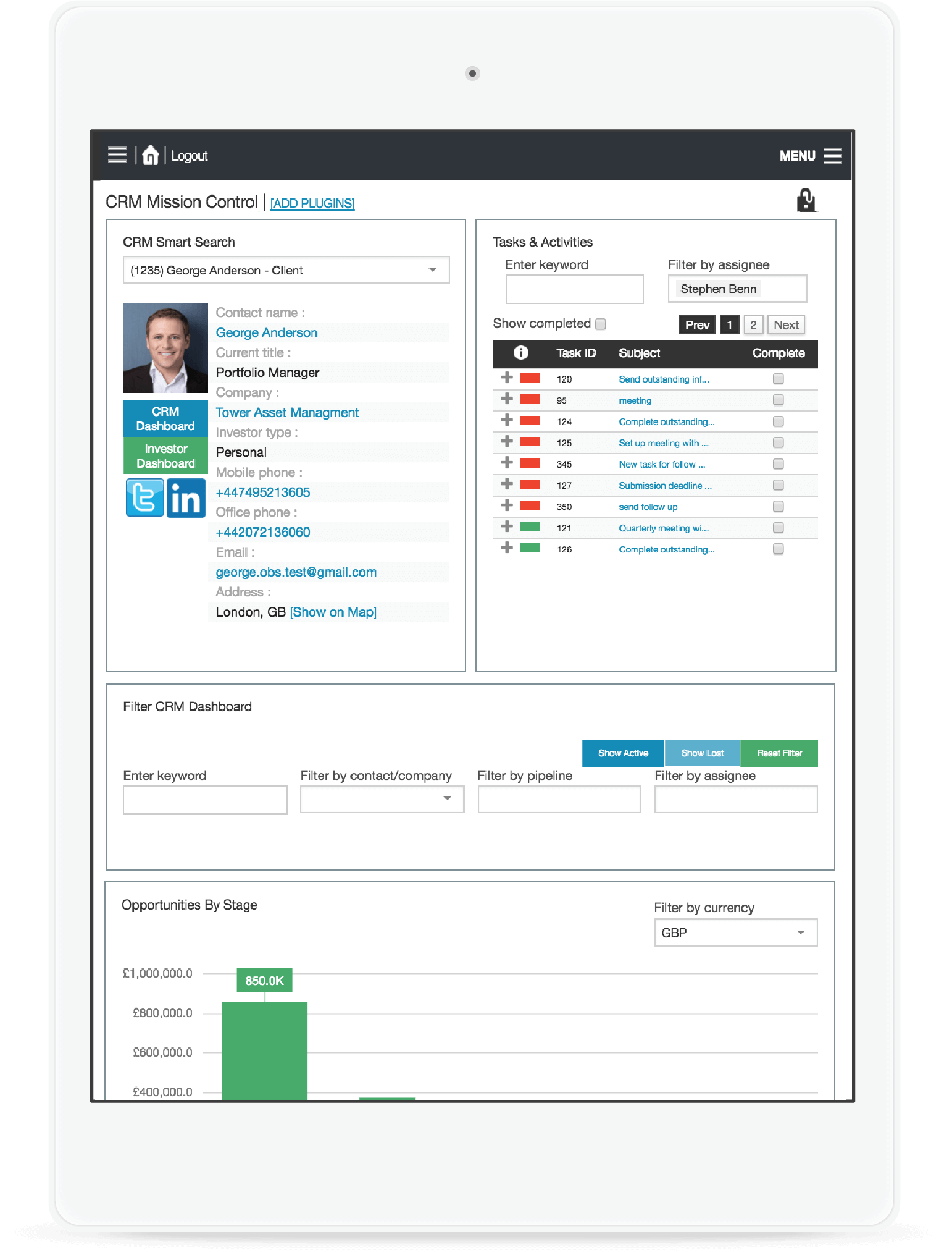 Obsidian Suite Software - The in-built CRM allows users to manage prospects, clients, and interactions