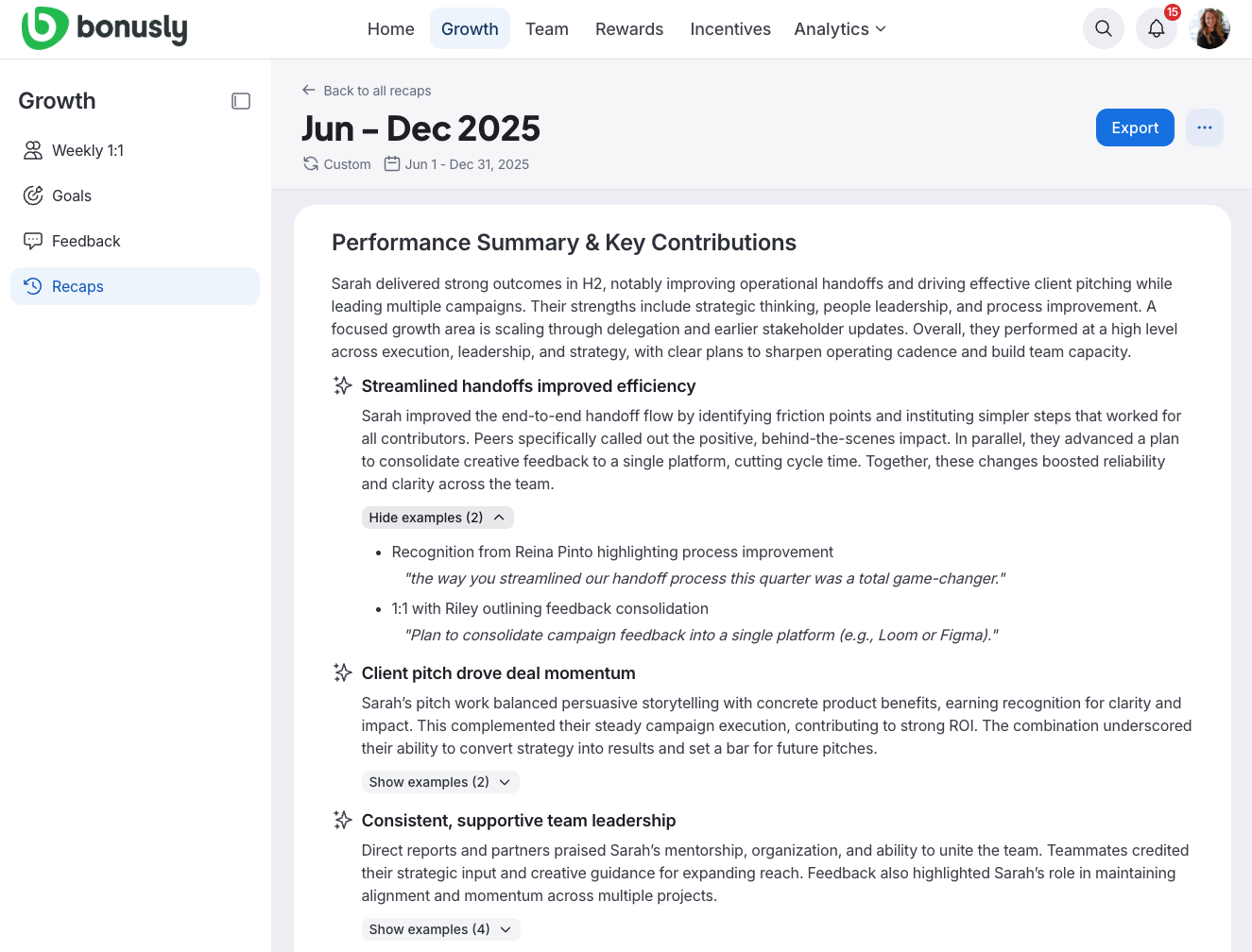 Bonusly screenshot: Bonusly recognition