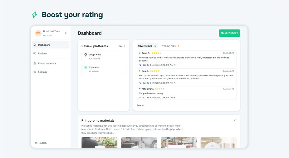 Increasing the amount of positive reviews will improve your rating and online reputation. A higher rating increases customer trust & boost sales.