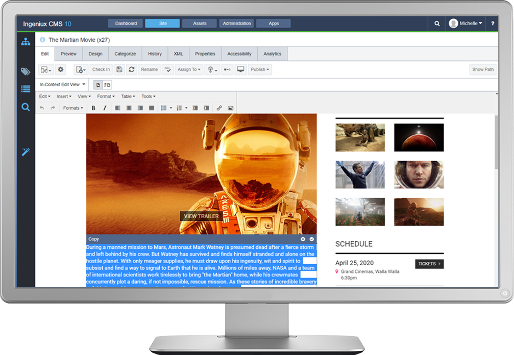 Ingeniux CMS screenshot: Easily edit content in your browser in one of two ways. In-Context Editing allows you to edit directly in the preview of your web page. The forms-based editing option provides a Microsoft Word-like editing experience with full metadata for SEO and reuse.
