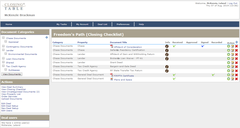 Closing Table users can use the closing checklist feature to organize deals and corresponding documents.