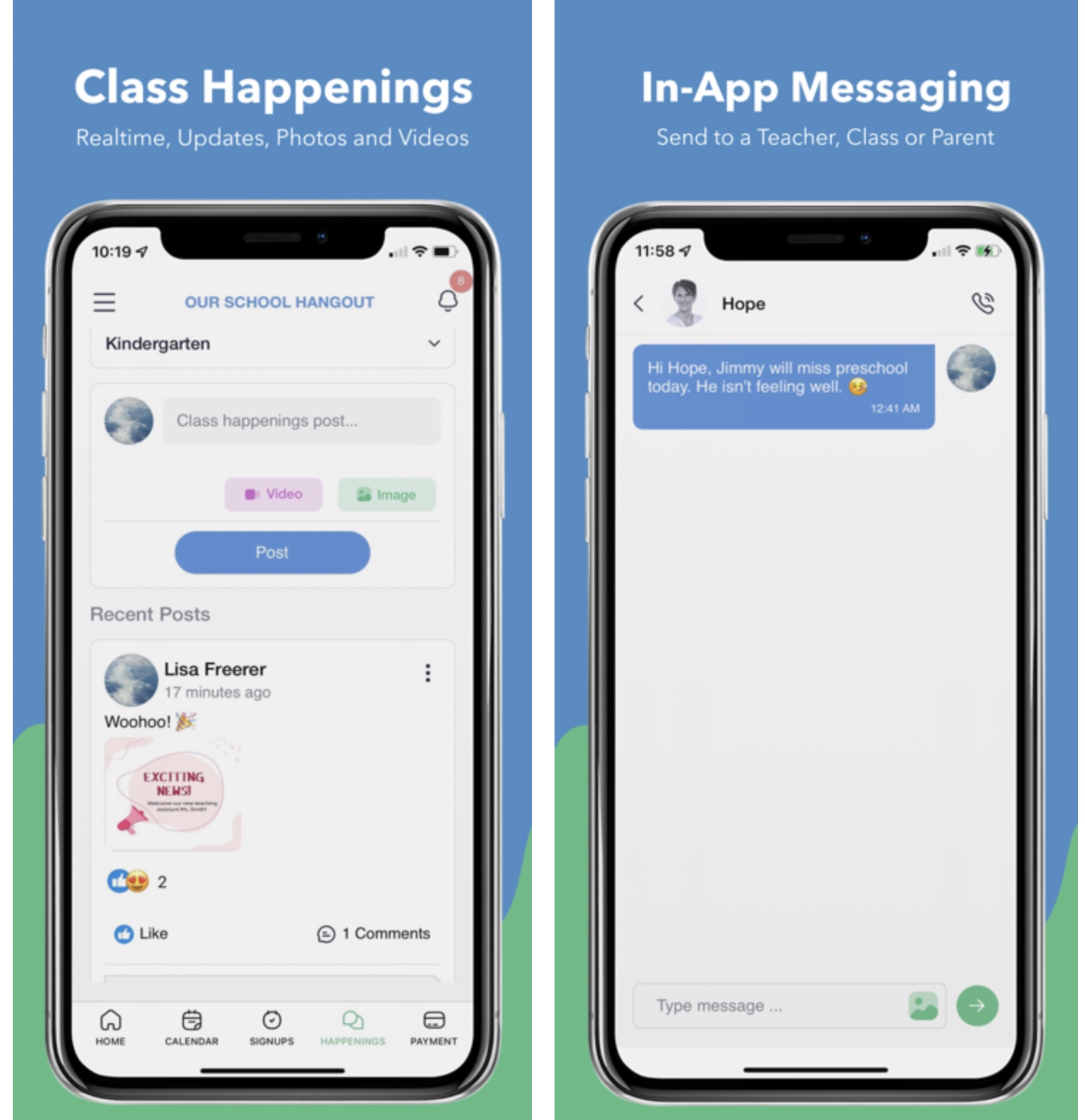 The app enhances interaction with integrated messaging and a 'Class Happenings' section for teachers to share updates, photos, and videos, fostering easy communication and parent engagement.