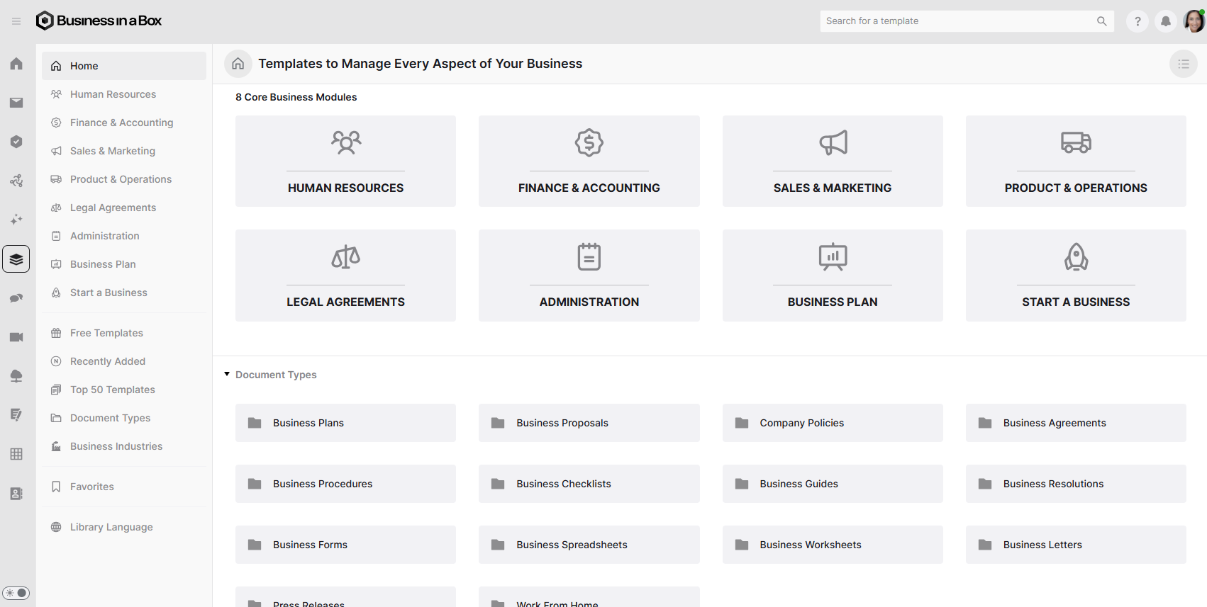 Business in a Box screenshot: Templates Home