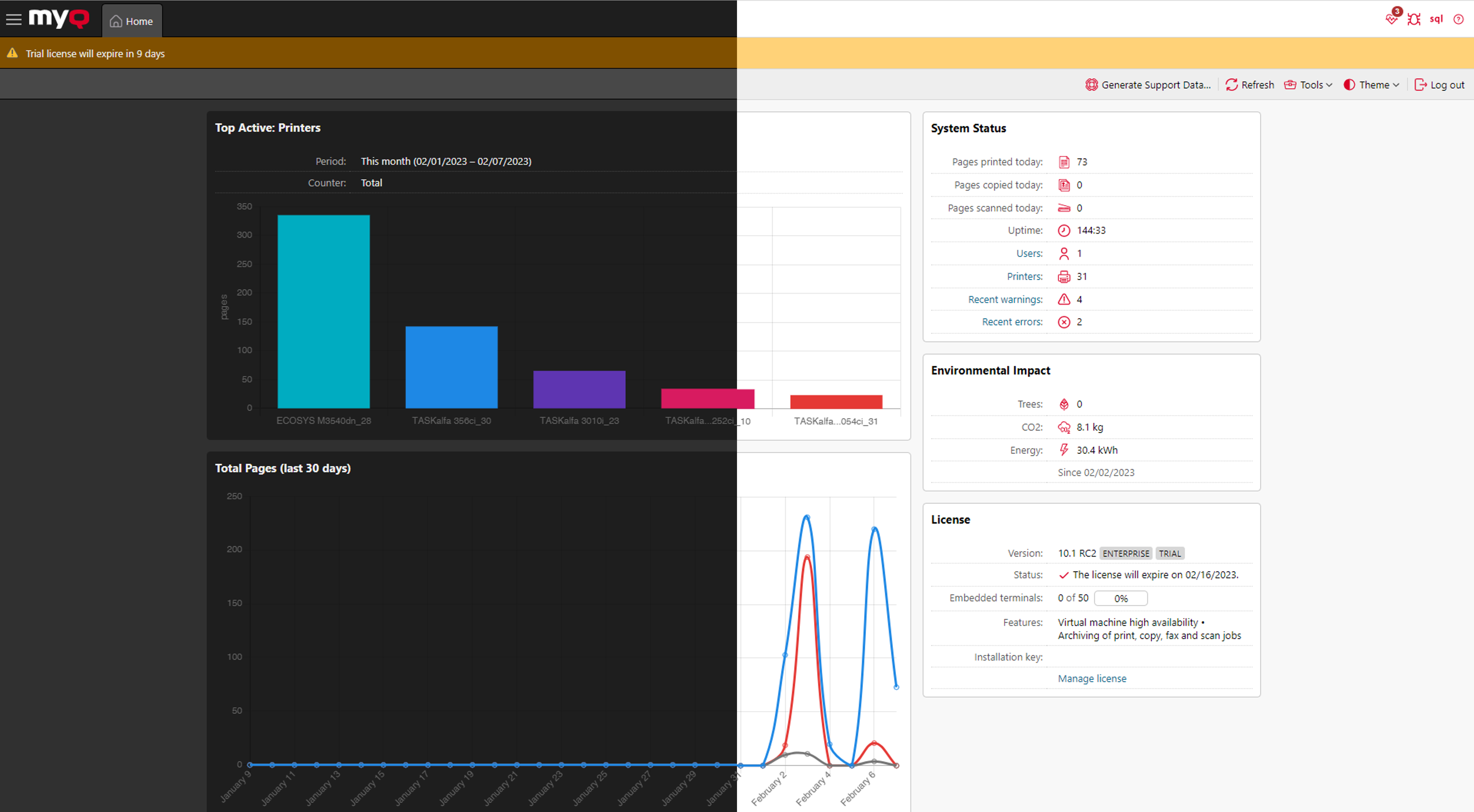 MyQ X Web Admin UI - Dashboard, can be customized with themes and various widgets.