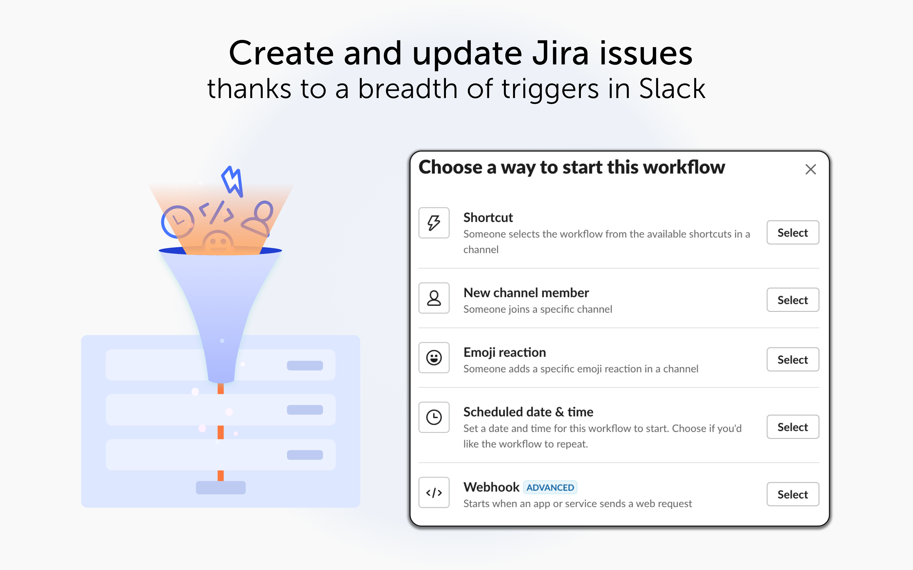 Create and update Jira issues thanks to a breadth of triggers in Slack. An selection of icons that correspond to Slack's Workflow Builder triggers, such as New Channel Member, Emoji Reaction, or Webhook.