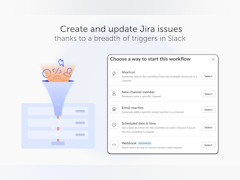 Jira Workflow Steps for Slack Software - Create and update Jira issues thanks to a breadth of triggers in Slack. An selection of icons that correspond to Slack's Workflow Builder triggers, such as New Channel Member, Emoji Reaction, or Webhook. - thumbnail