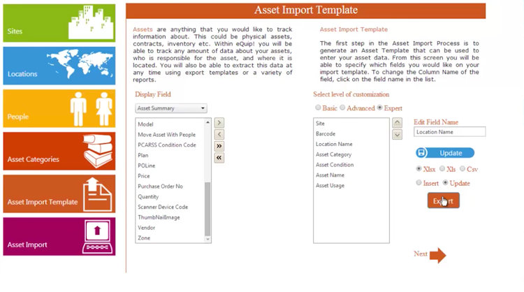 eQuip screenshot: eQuip allows users to import asset details using the asset import template