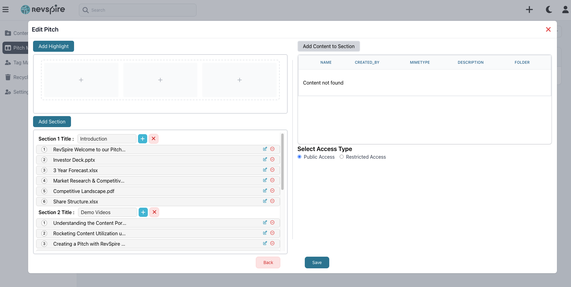Revspire screenshot: Dynamically Add Sections and Content to your Digital Sales Room