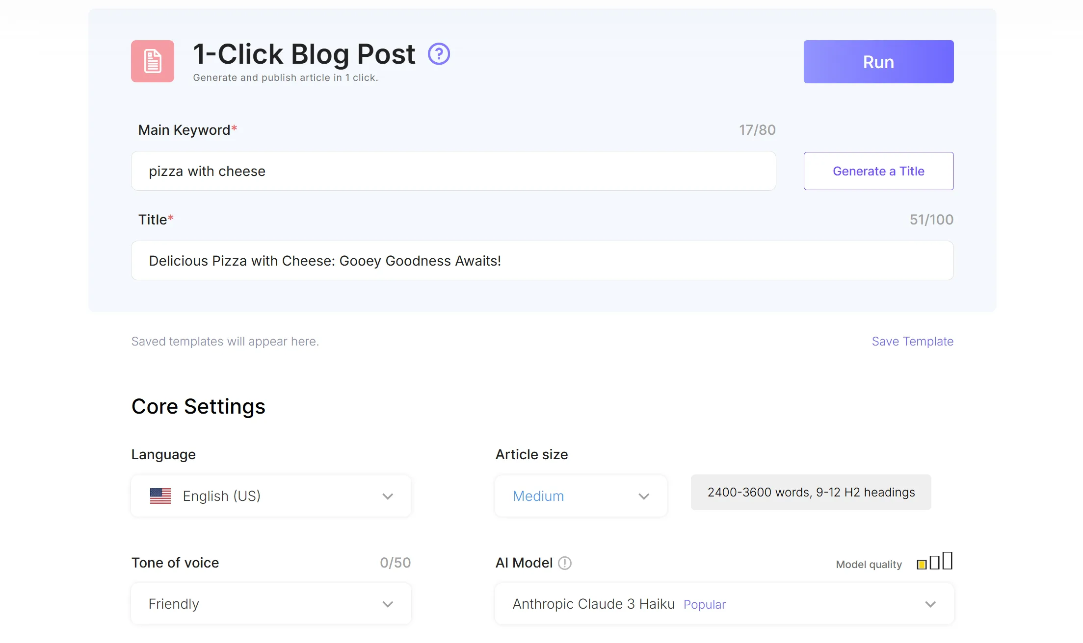 Screenshot of an advanced AI SEO automation platform's dashboard.
