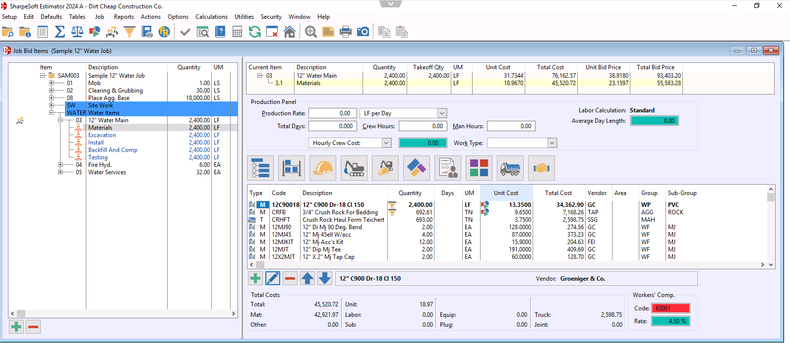 This is the SharpeSoft - Estimator item detail window. You can have unlimited sub-levels, but the details are where the cost comes from. There are icons for cost types, Material, Labor, and Equipment; you can click and quickly select or multi-select.