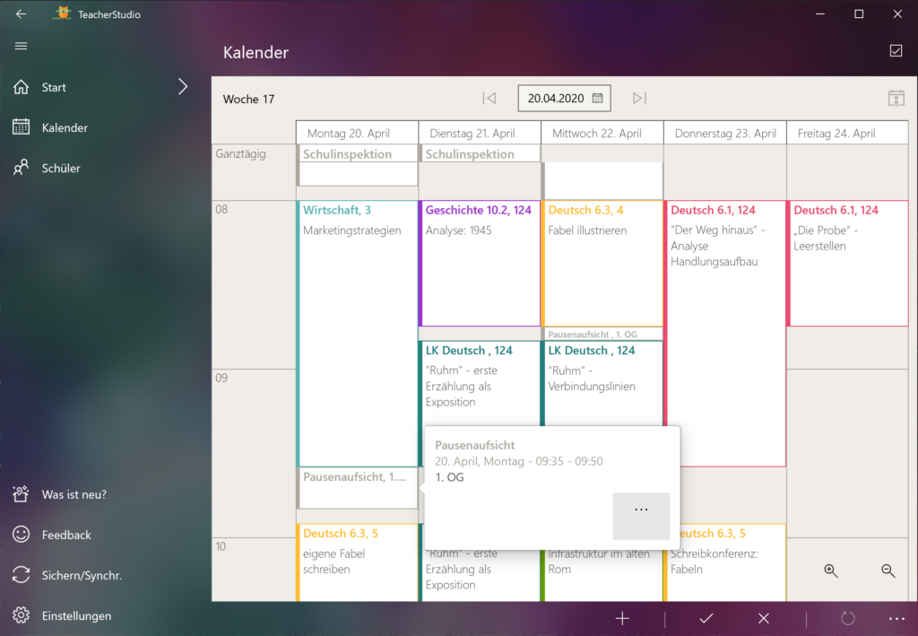 TeacherStudio screenshot: TeacherStudio calendar