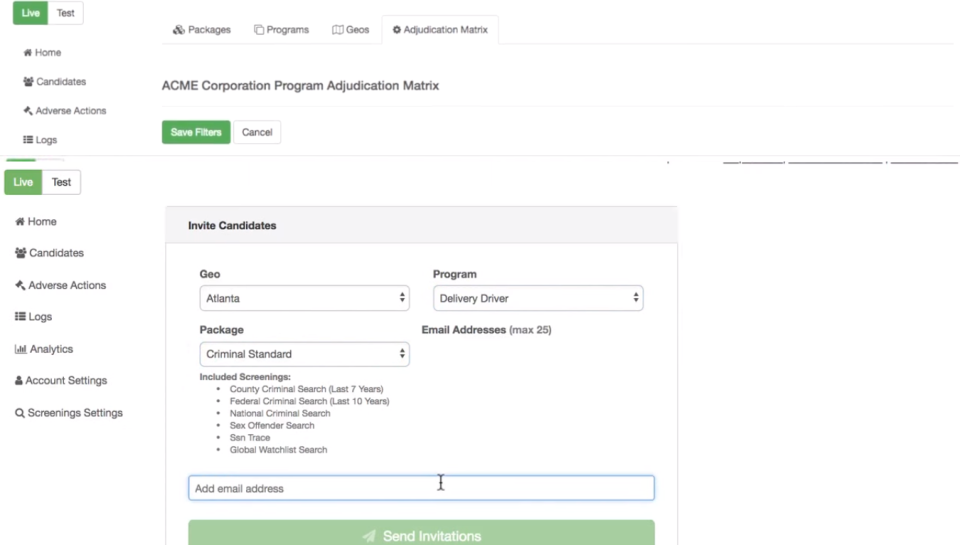 Checkr Software - Checkr candidate invitations screenshot