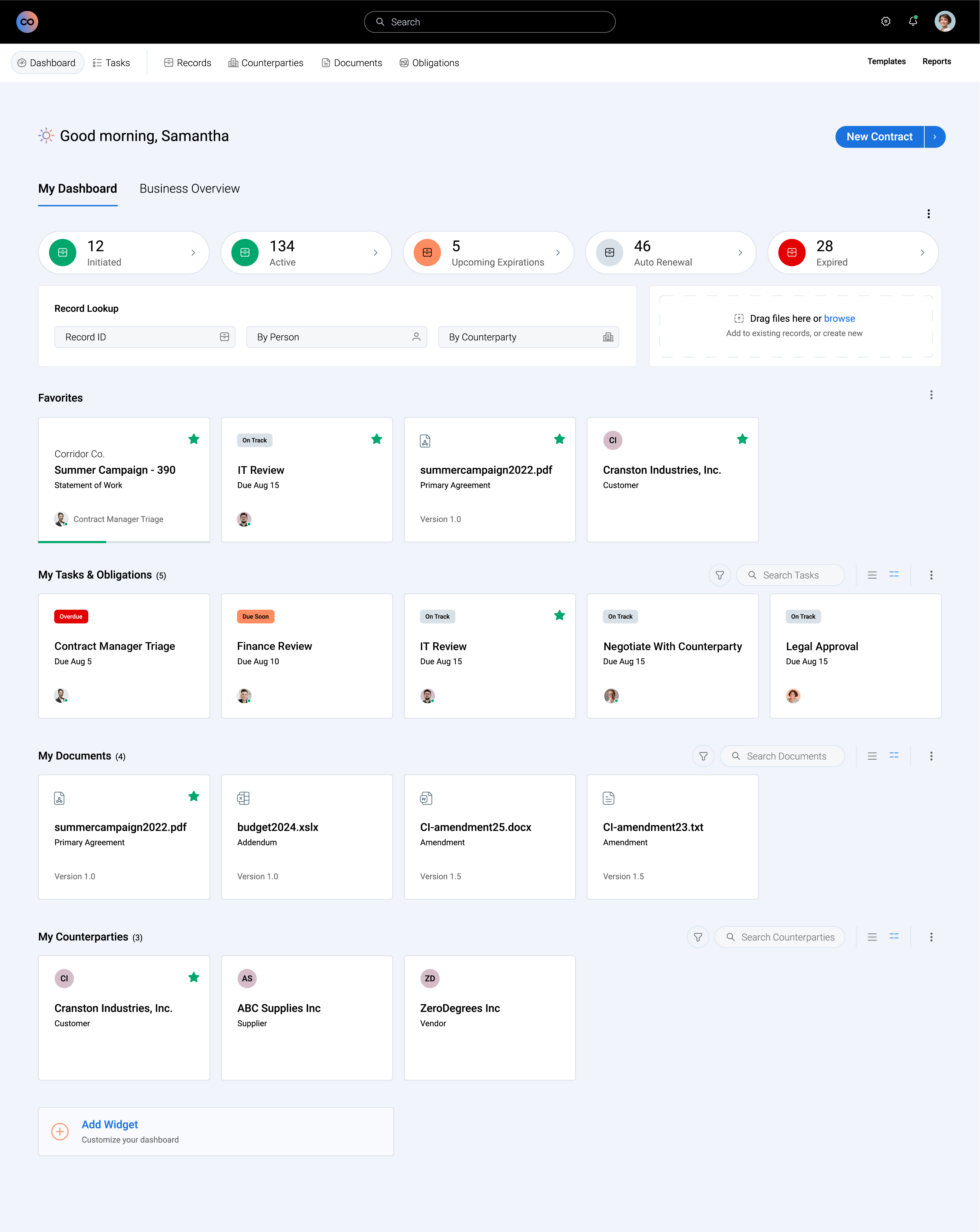 Contracts 365 screenshot: The Contracts 365 Dashboard allows you to see contract status at a glance, customize and favorite contracts, data, and documents, to surface key information and insights in less than 30 seconds.