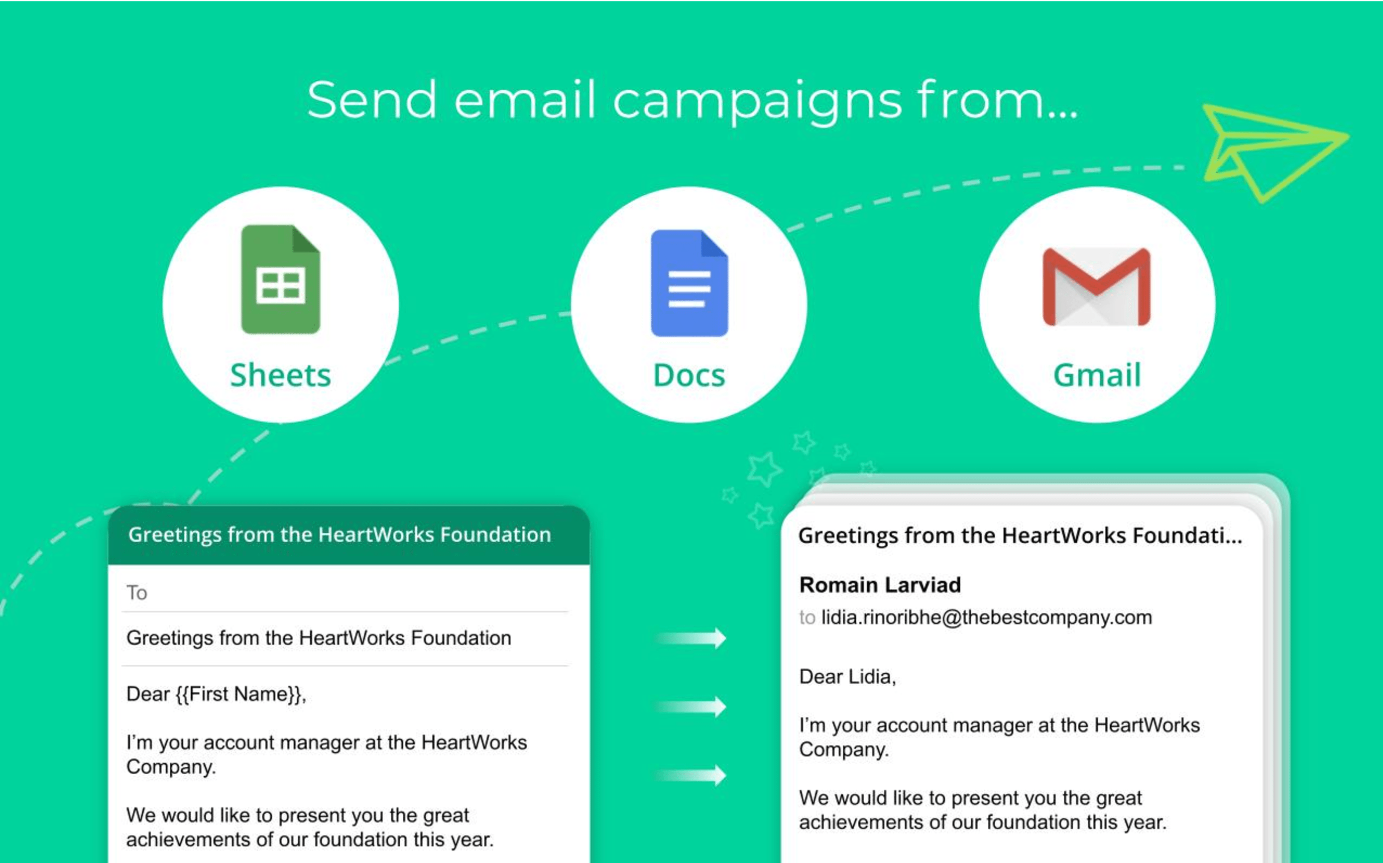 Send email campaigns from Google Sheets, Google Docs and Gmail!