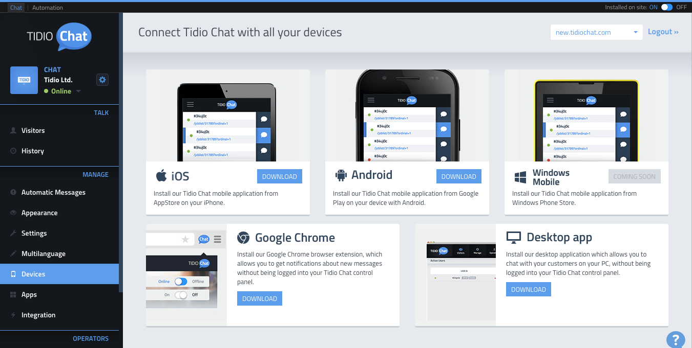 Tidio Chat connect with devices screenshot